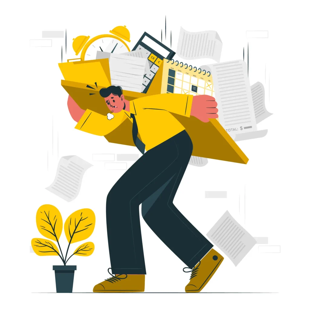 Ilustração de um homem carregando objetos de trabalho nas costas
