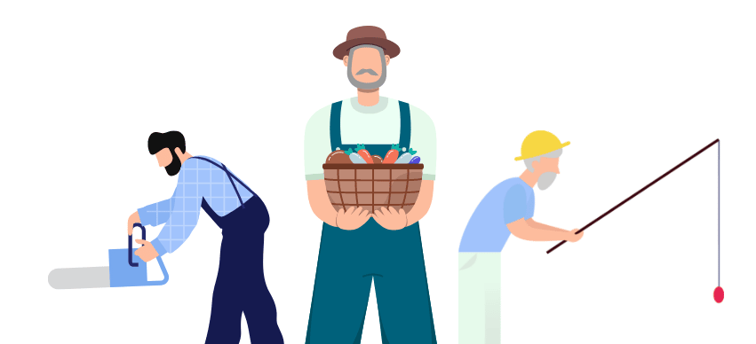 Ilustração em que ao centro está um agricultor, à esquerda um lenhador e à direita um pescador.