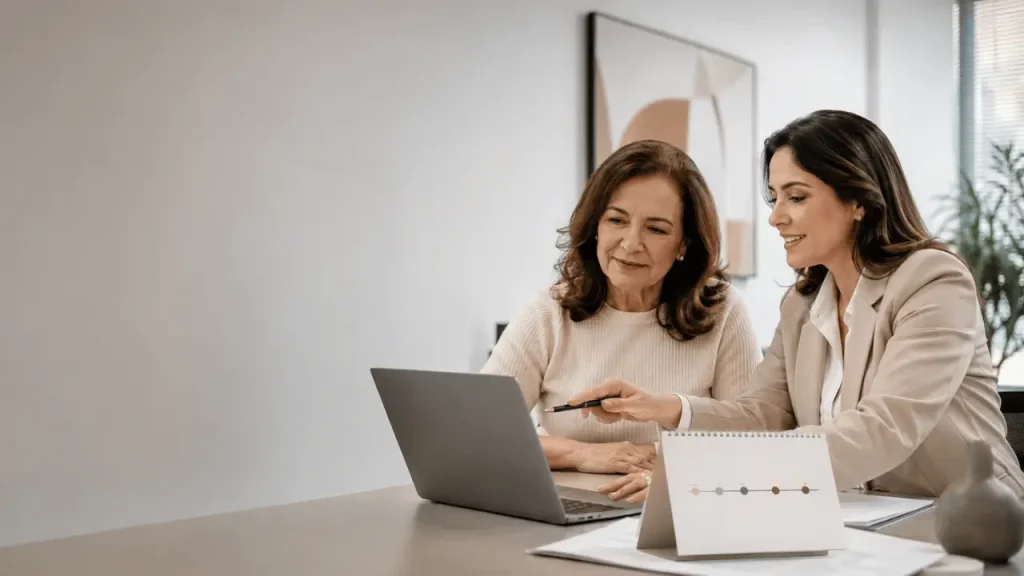 Duas mulheres, umad elas claramente uma advogada, realziando o planejamento previdenciário