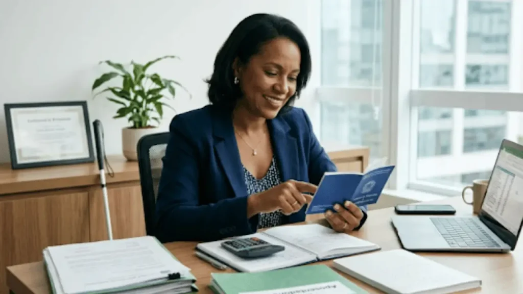 Mulher negra de meia idade analisando carteira de trabalho