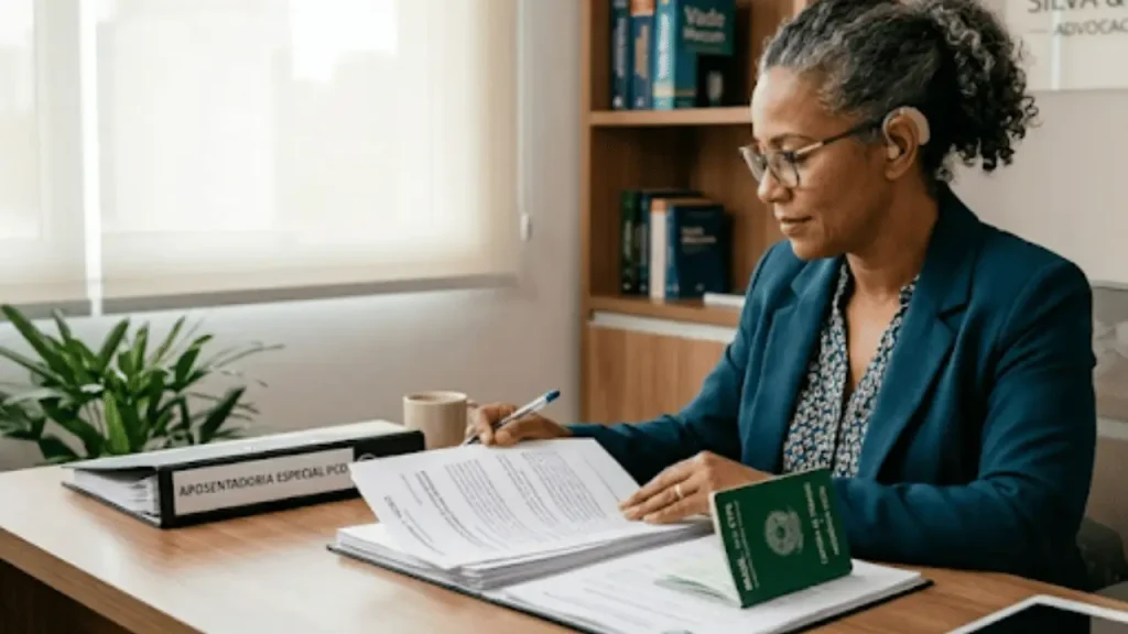 Aposentadoria antecipada: PCD pode se aposentar antes? Mulher negra de meia idade analisando papéis