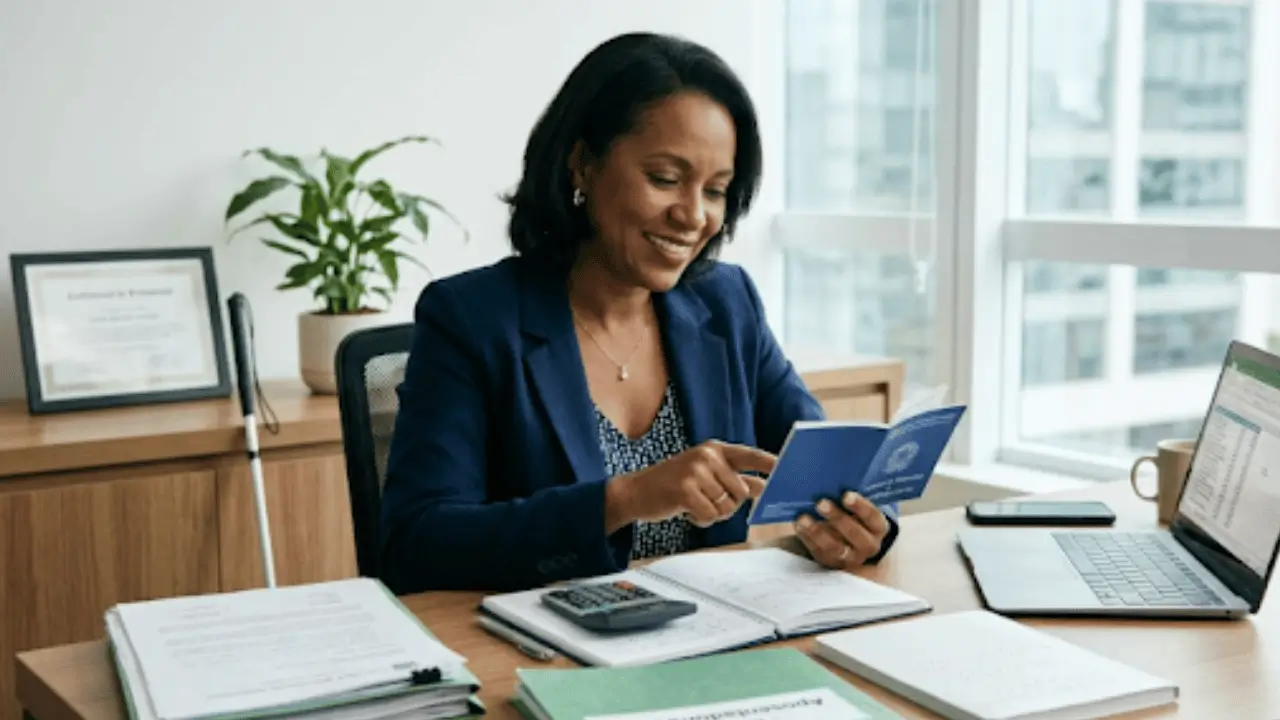 Mulher negra de meia idade analisando carteira de trabalho