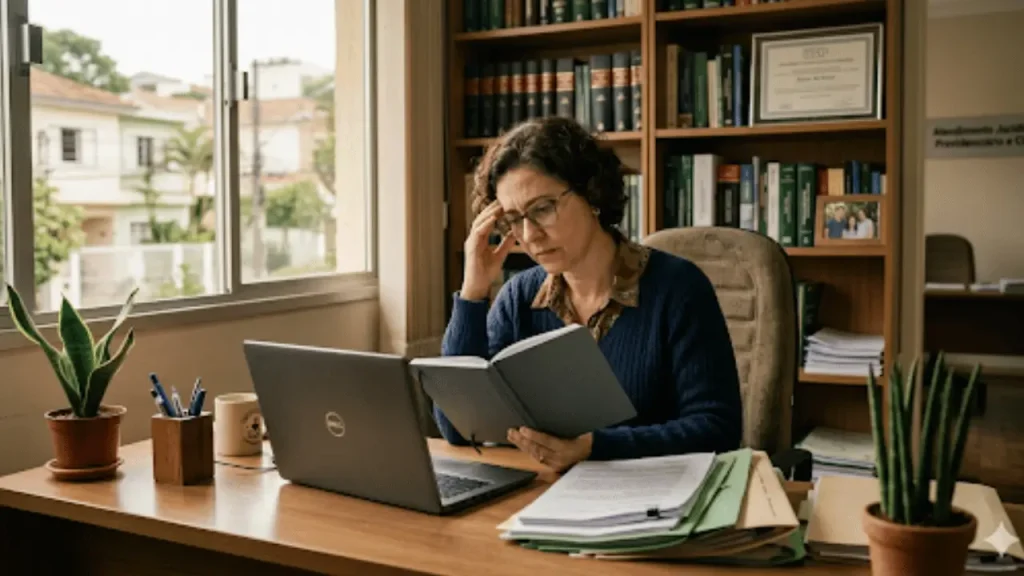 CID F41.2 Aposenta? Entenda seus direitos! Mulher estafada no escritório de trabalho