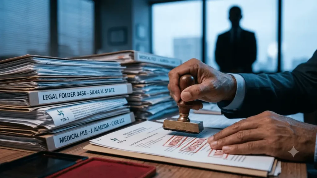 Auxílio-Acidente Negado: por que acontece e como recorrer mão de homem com diversas pastas em uma mesa.