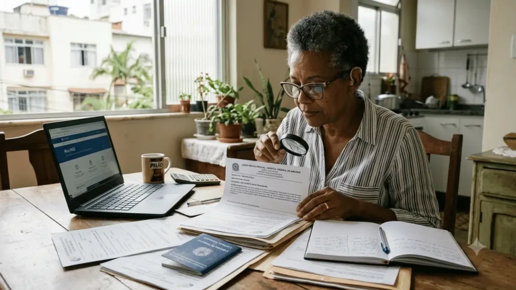 Quais doenças são consideradas PCD para aposentadoria? Mulher idosa analisando documentos