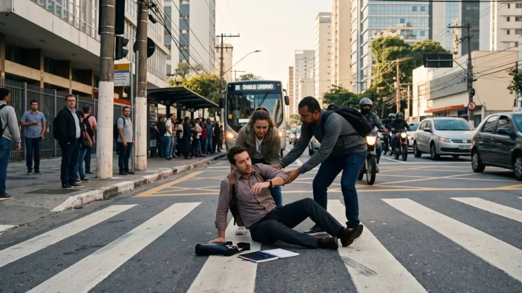 pessoa caida em faixa e outras pessoas ajudando