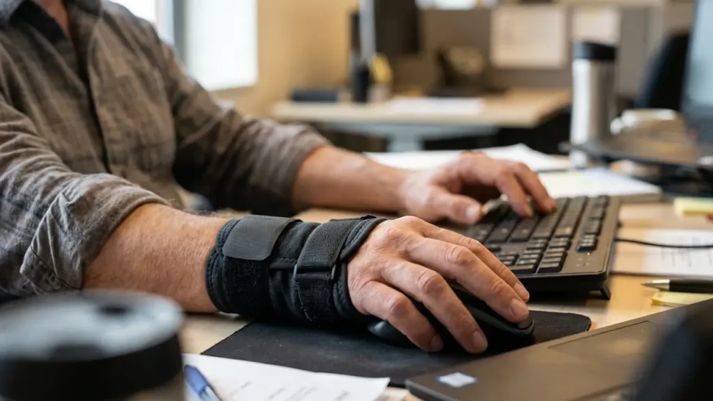 um homem trabalhando com uma munhequeira no computador